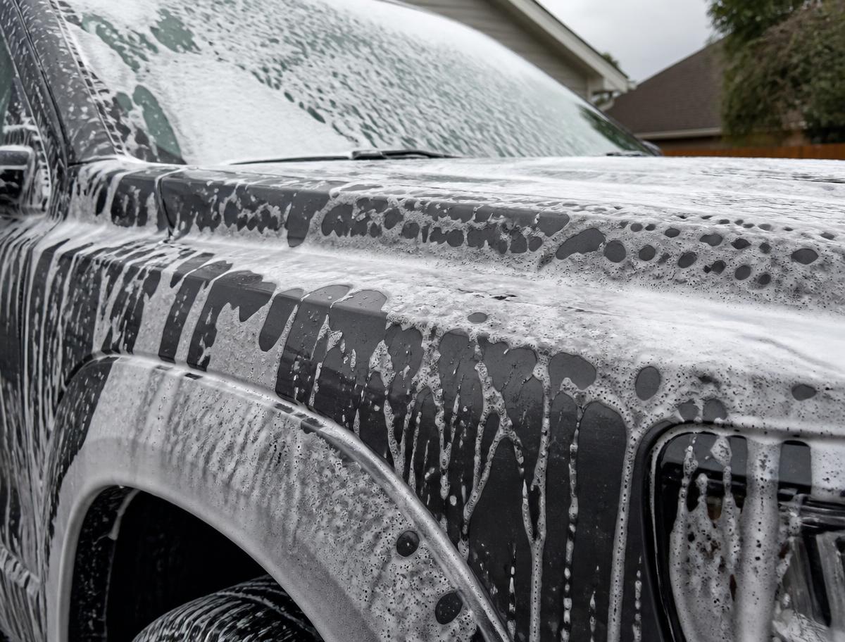 Foam wash covering a truck during a mobile exterior car detail in West Edmonton