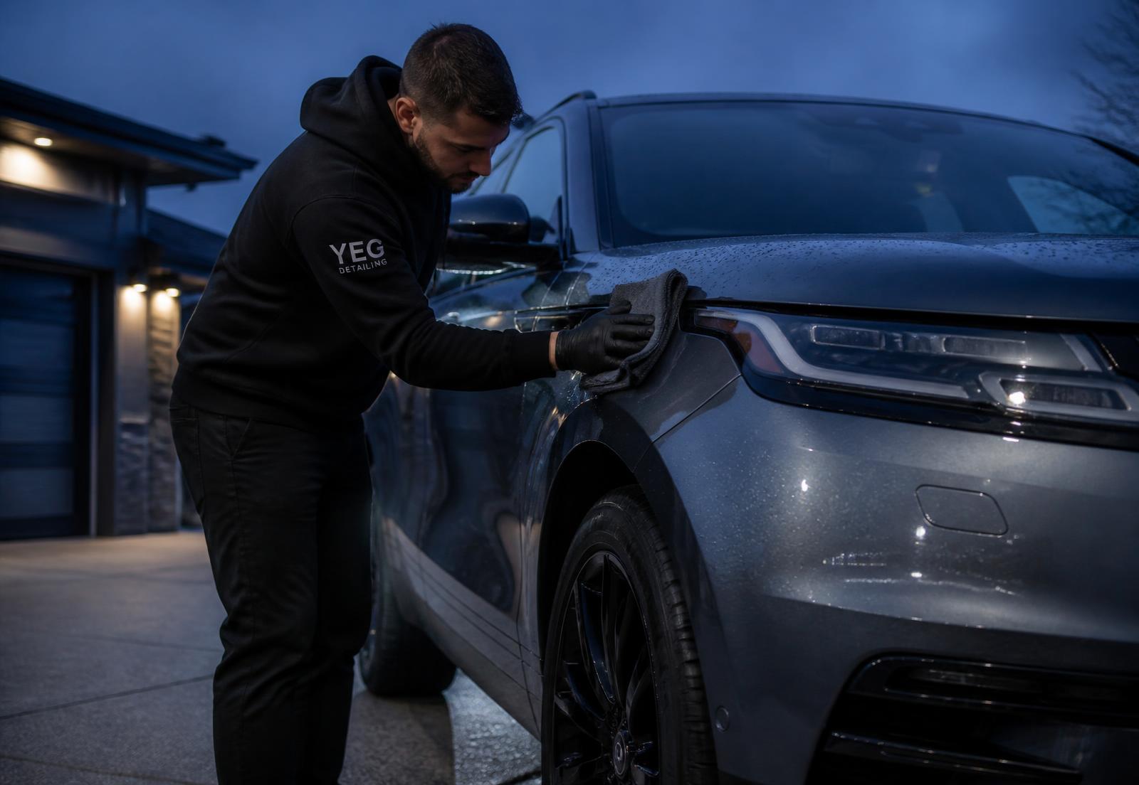 Mobile detailer hand-polishing a black SUV in an West Edmonton driveway