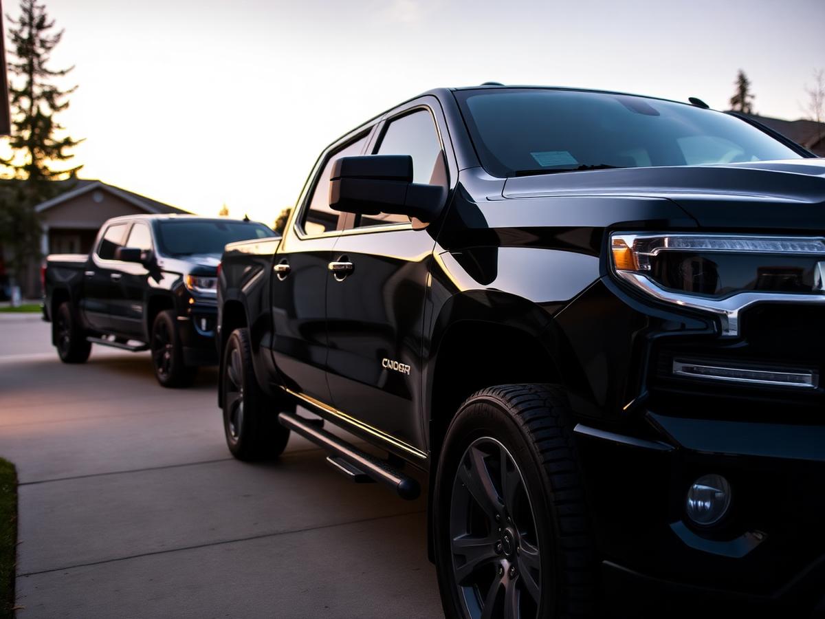 Detailed black pickup truck and SUV in an West Edmonton driveway